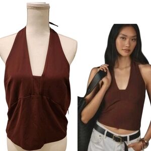 NWT Anthropologie XL Tailored Deep V Neck Cocoa Adjustable Tie Back Halter Top